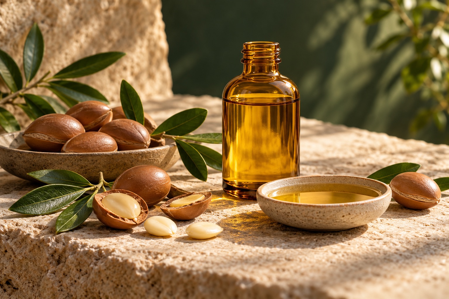 Produits d’argan — Image illustrative générée par IA · ne représente pas un stock réel